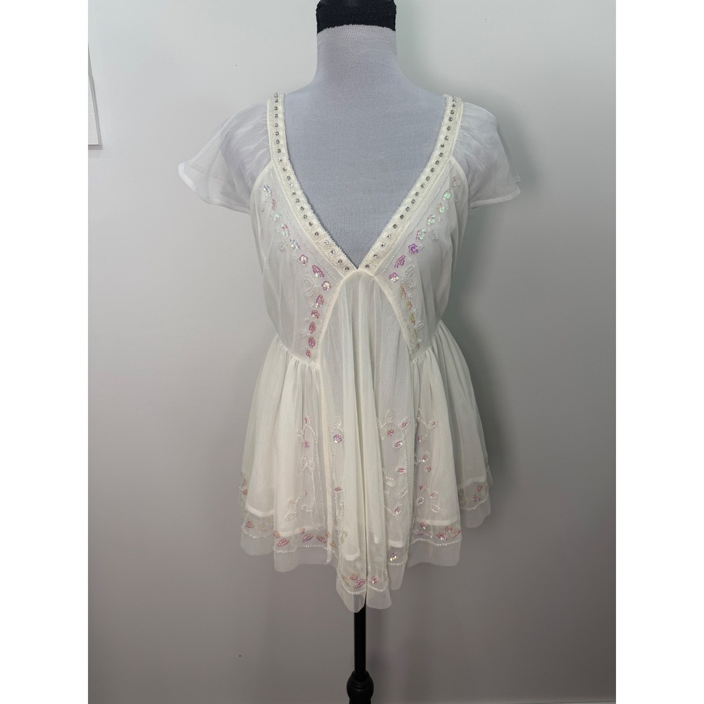 Altar'd State Cream Sequin Beaded Mesh Babydoll Top XS Boho Open Back Flutter